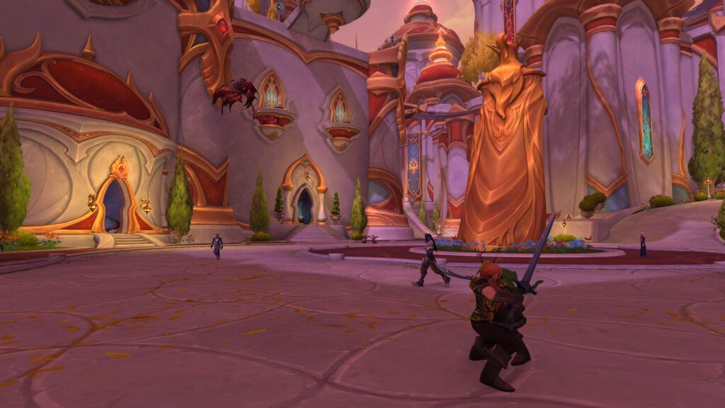 A traveler in a pink city street
