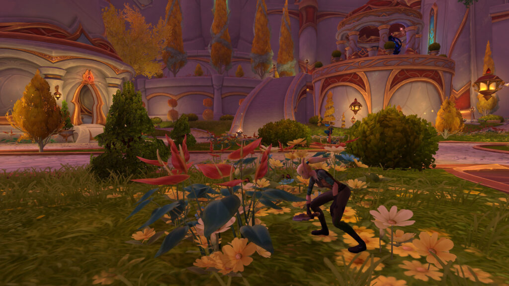 An autumn plaza with plants and a lone figure