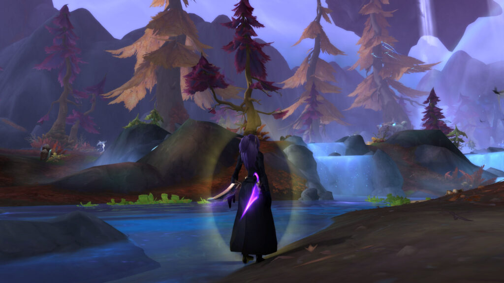 A twilight river with a lone adventurer by the water